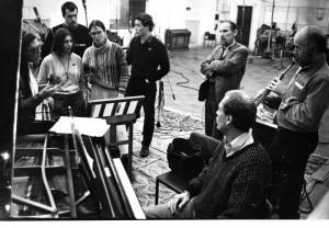 (R to L) Paul Halley, Paul Winter, jazz critic Leonid Pereversev, and members of the Dmitri Pokrovsky Ensemble, recording in Moscow