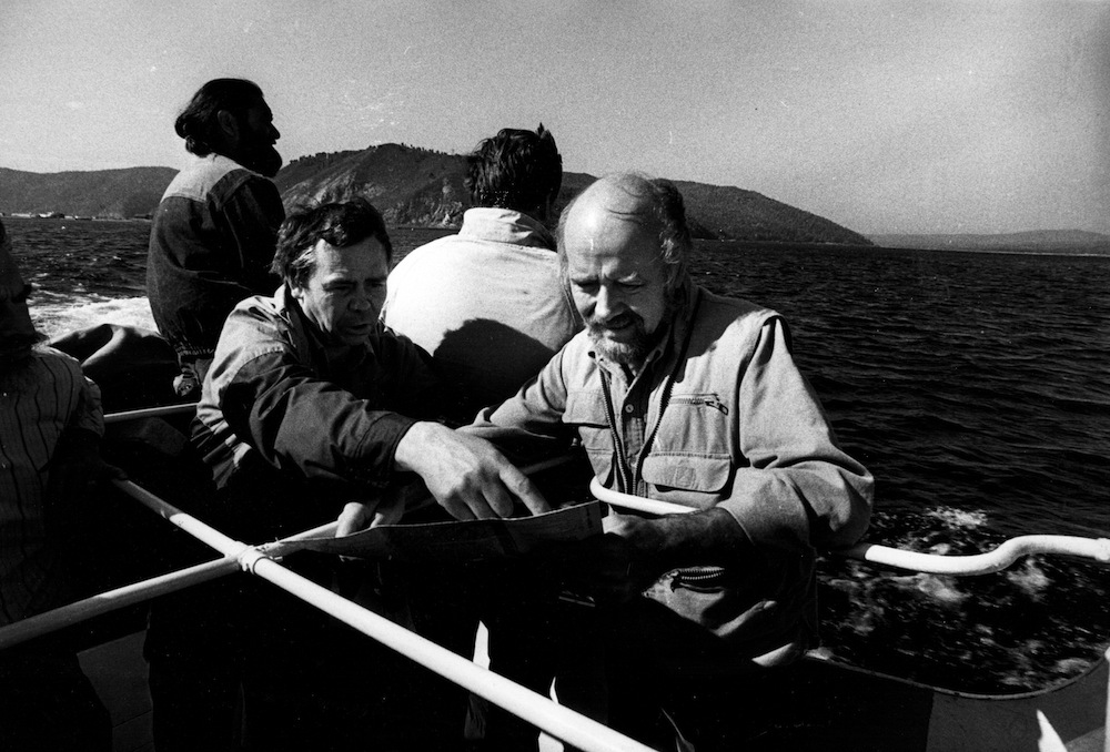 Writer/environmentalist Rasputin (left) with Paul Winter,  on Lake Baikal, 1988